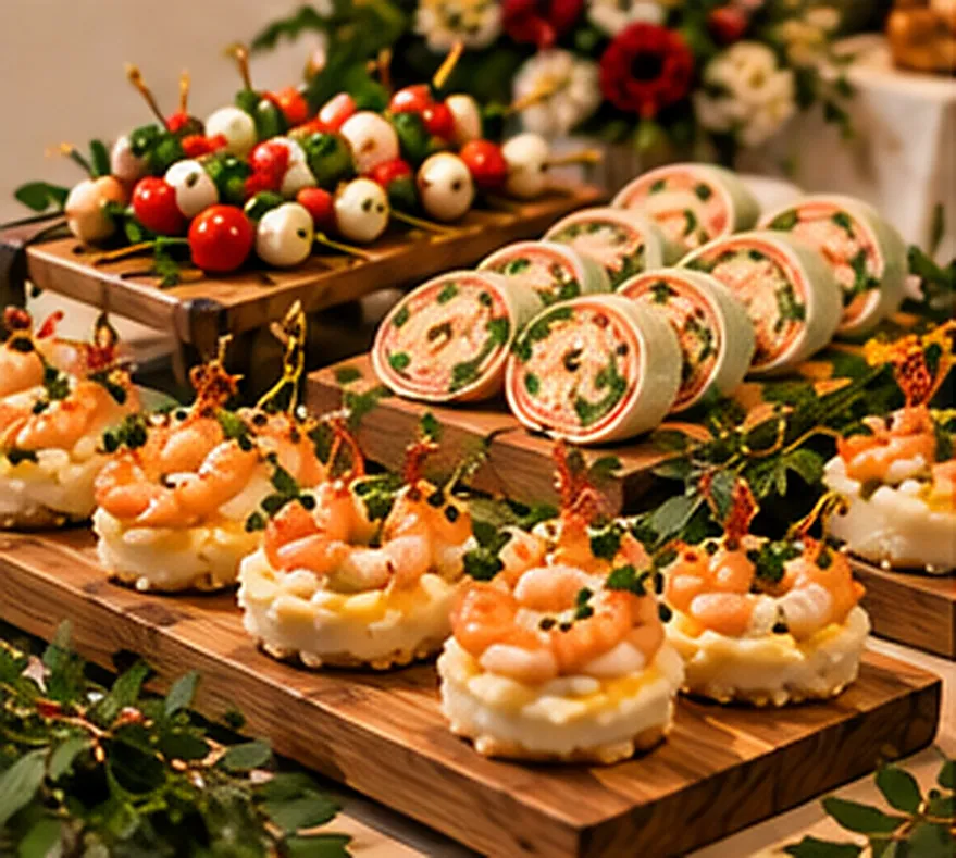 Appetizer display with shrimp crostini, antipasto skewers and pinwheels