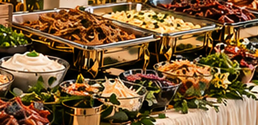 Chafing dishes with meats and bowls of toppings at a baked potato station