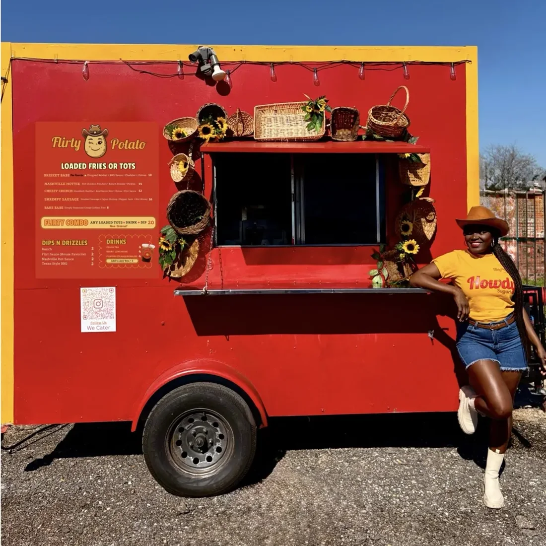 Flirty Potato red food trailer with sunflower and basket decor